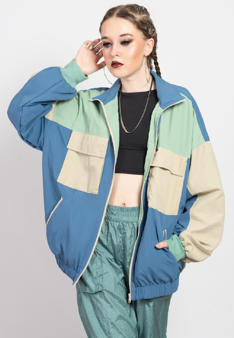 OCWA YOON OVERSIZED WATER PROOF COLOR BLOCK JACKET CREAM SAGE BLUE