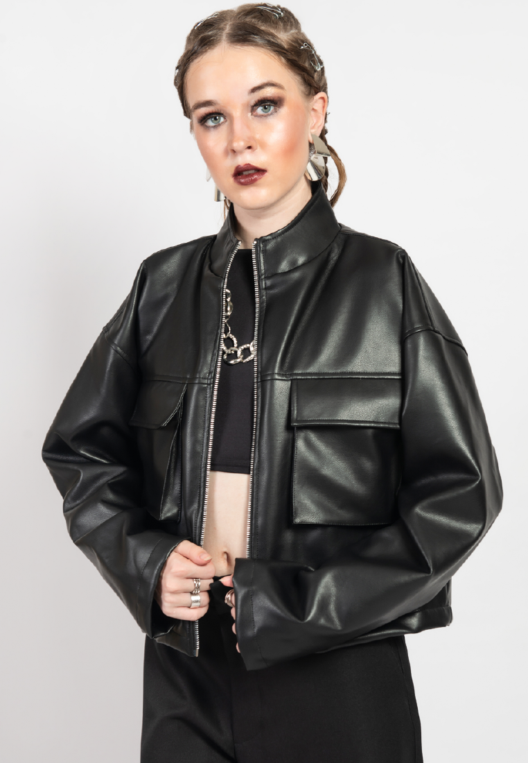 OCWA ZACK BLACK LEATHER CROP JACKET WOMAN