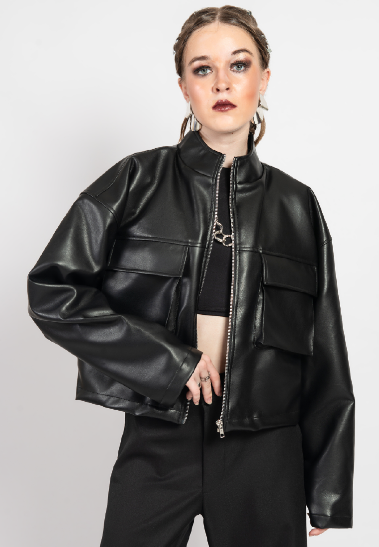 OCWA ZACK BLACK LEATHER CROP JACKET WOMAN