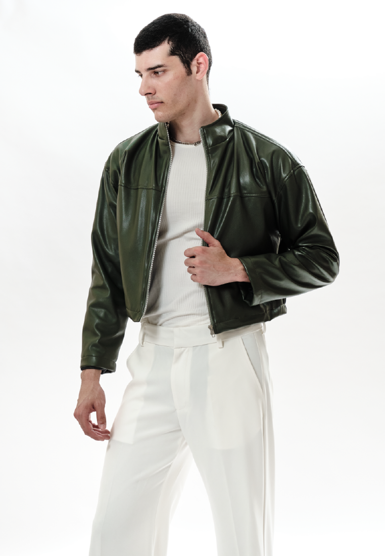 OCWA ZAKARIA ARMY GREEN LEATHER CROP JACKET