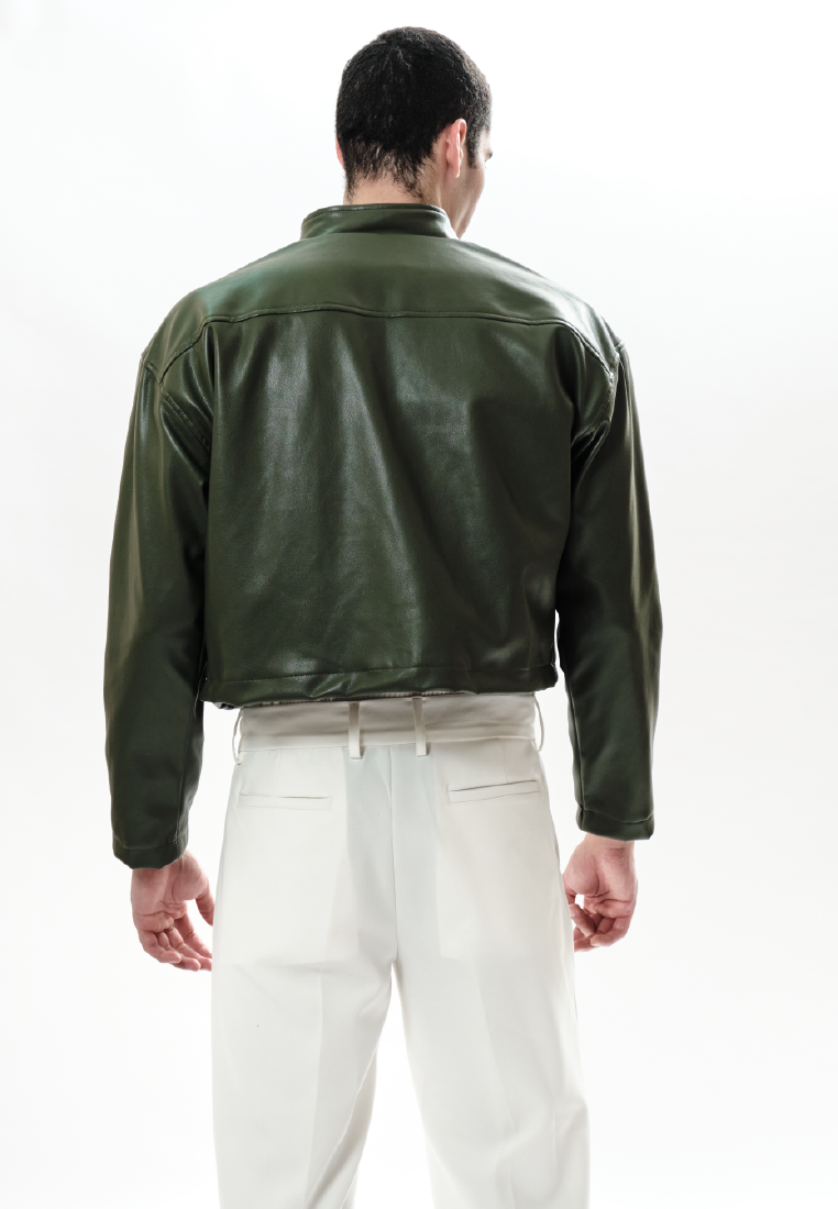 OCWA ZAKARIA ARMY GREEN LEATHER CROP JACKET