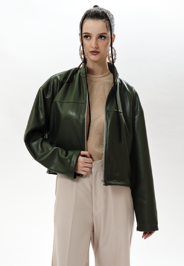 OCWA ZAKARIA ARMY GREEN LEATHER CROP JACKET WOMAN