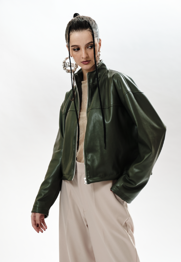 OCWA ZAKARIA ARMY GREEN LEATHER CROP JACKET WOMAN