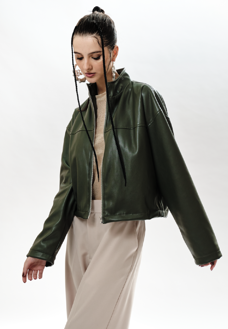 OCWA ZAKARIA ARMY GREEN LEATHER CROP JACKET WOMAN