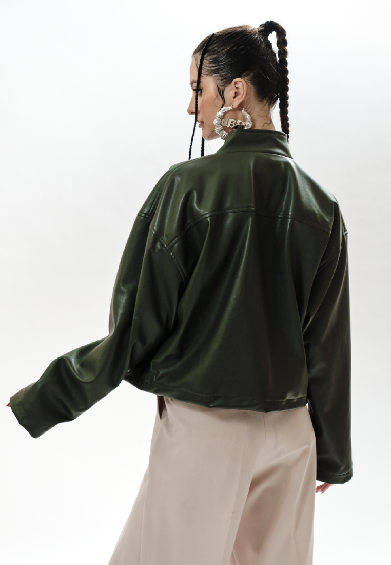 OCWA ZAKARIA ARMY GREEN LEATHER CROP JACKET WOMAN