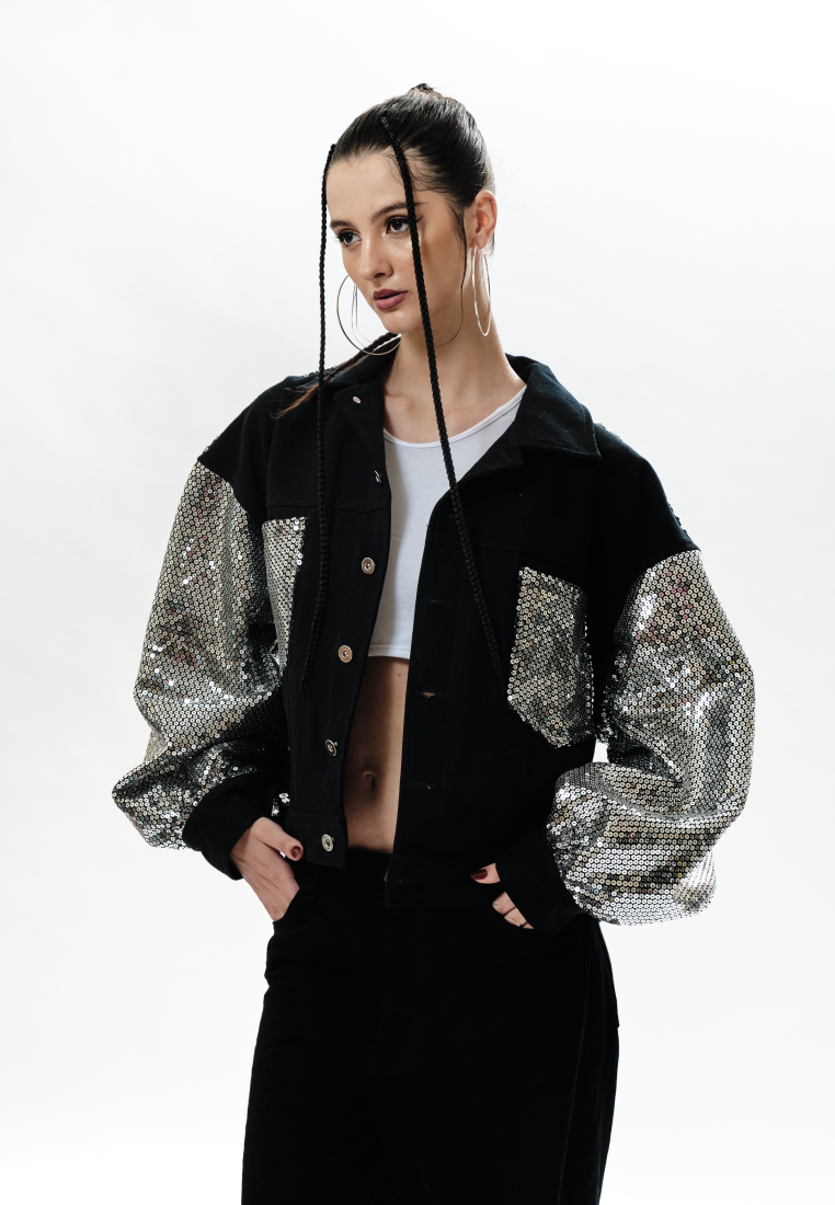 OCWA ZED DENIM MIXED SEQUIN JACKET BLACK WOMEN